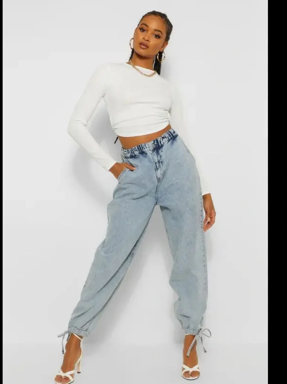 Boohoo Light Blue Paperbag Waist Boyfriend Jeans with Drawstring Hems - Picture 3 of 6